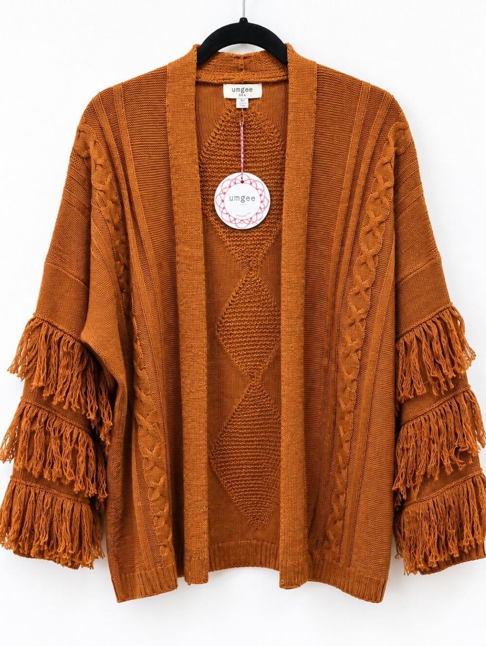 Umgee Boho Fringe Sleeve Cable Knit Cardigan – Oversized Medium NWT